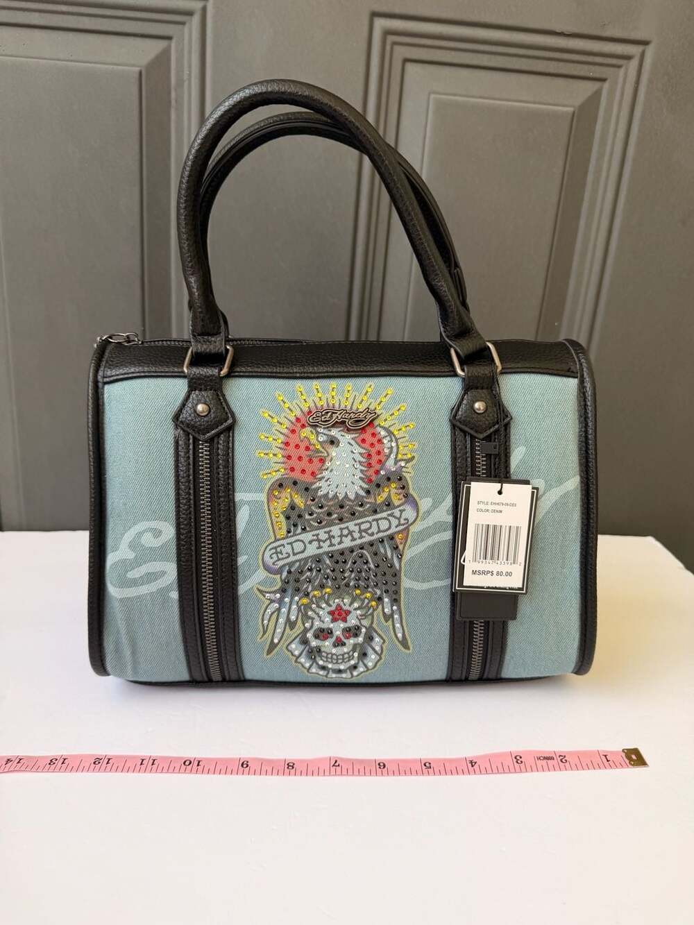 Ed Hardy VeganLeather and Denim Satchel CrossbodyHandbag with Eagle and SkullRns